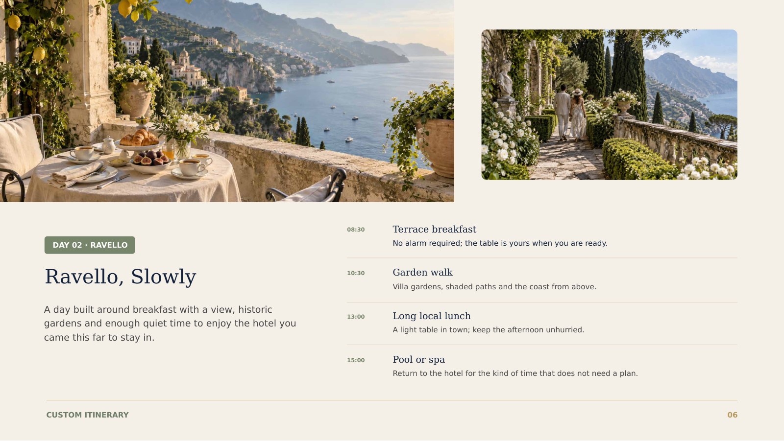 Custom itinerary daily schedule
